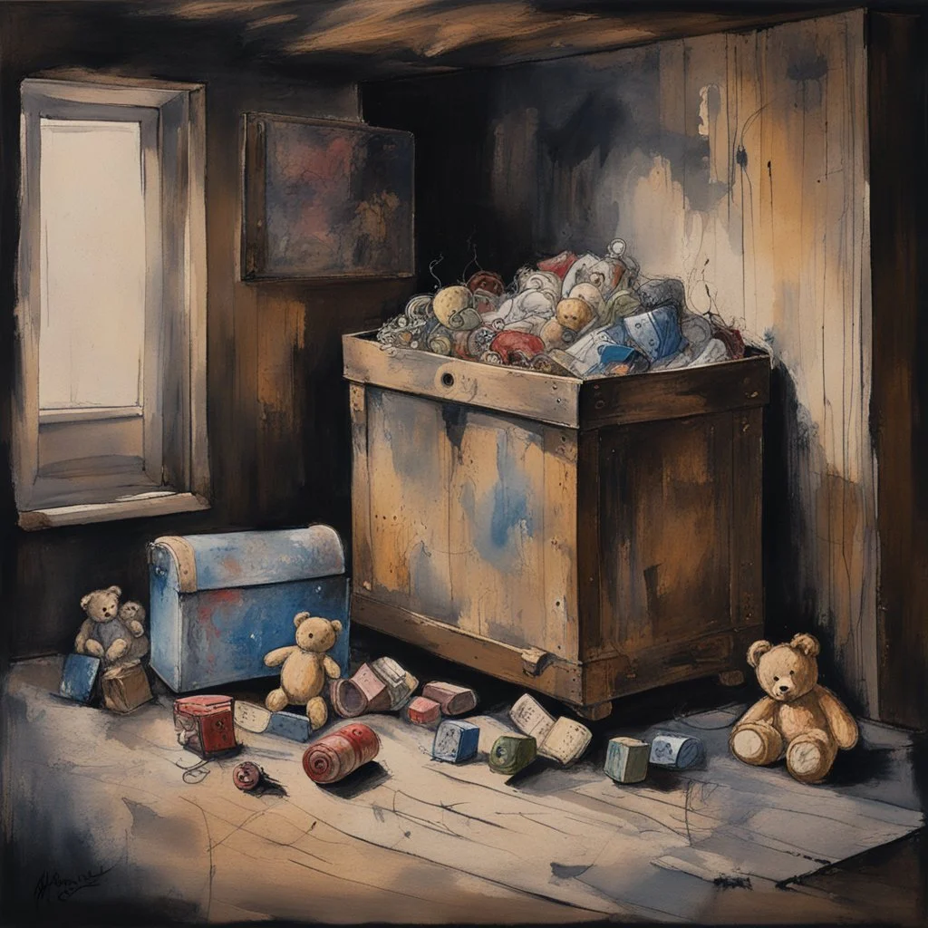 impressionist painting of an antique toy box filled with vintage toys in corner of a dark attic, weathered wood, loose diffused watercolor, ink leak, by Arthur Boyd, large brush strokes, nostalgic, moody, opulent shadows, cobwebs, solid line work, maudlin, sad limp teddy bear, minimal.