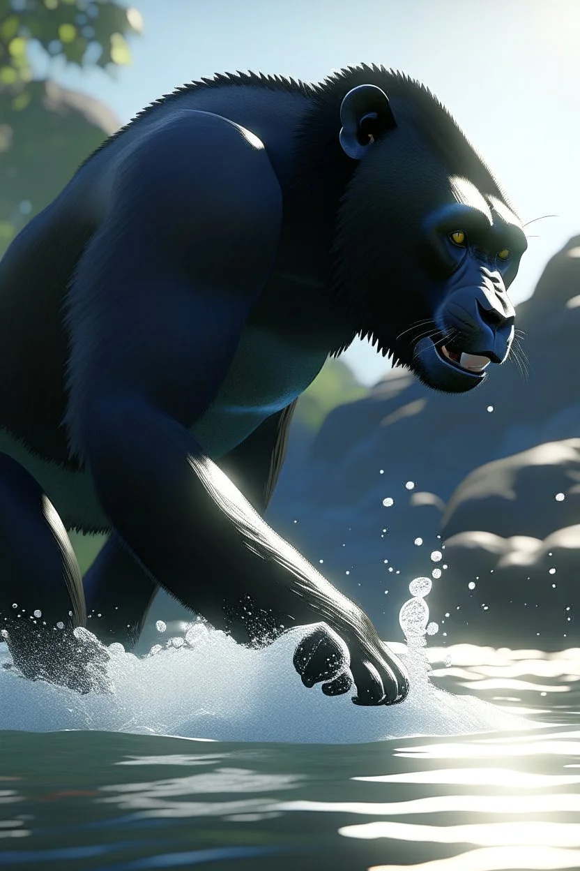 /imagine prompt: realistic, personality: [Capture a close-up shot of the Male Mountain Gorilla diving into the river, its body partially submerged in the water. Water splashes around it as it fights against the strong current, trying to change its course. The determination and strength on the cheetah's face are evident]unreal engine, hyper real --q 2 --v 5.2 --ar 16:9