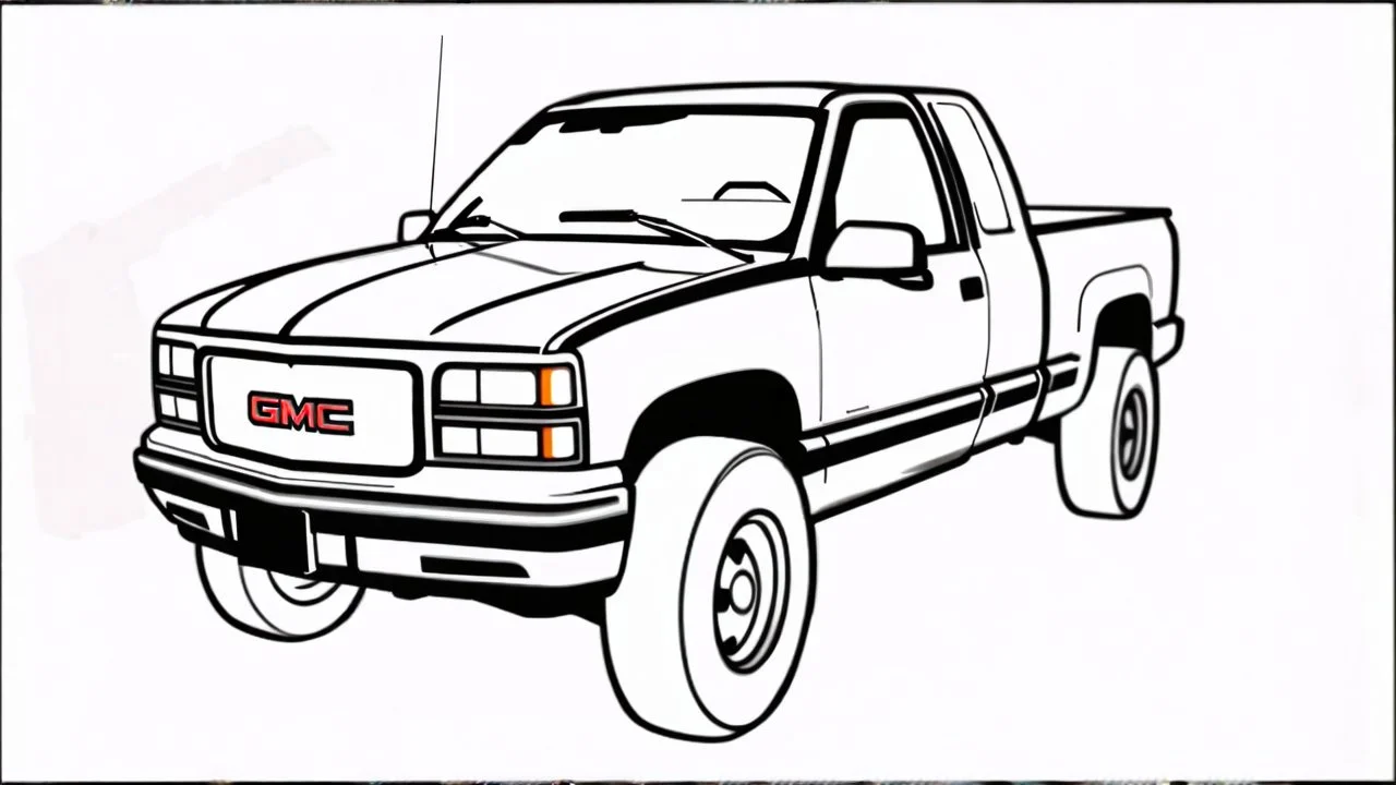 redraw this image of a 1990 GMC sierra with extended cab and the larger mirrors, line art with improved quality