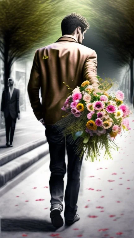 An image of a man holding a bouquet of flowers as he walks towards a woman. --auto --s2