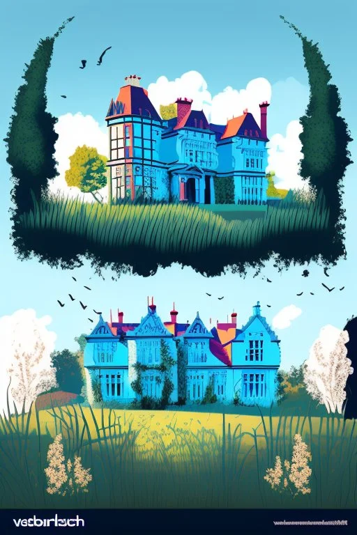 Disused, Victorian Manor House, Blue Sky, Over-Grown Fields, Vector Art