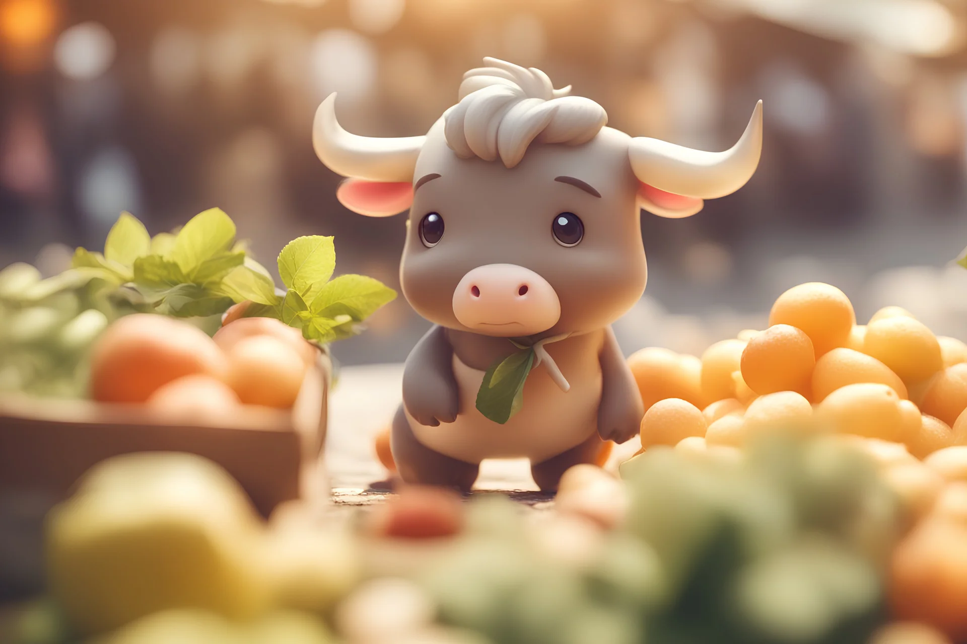 cute chibi bull buying fruits at the fruit market, sping flowers, bushes, in sunshine, ethereal, cinematic postprocessing, bokeh, dof
