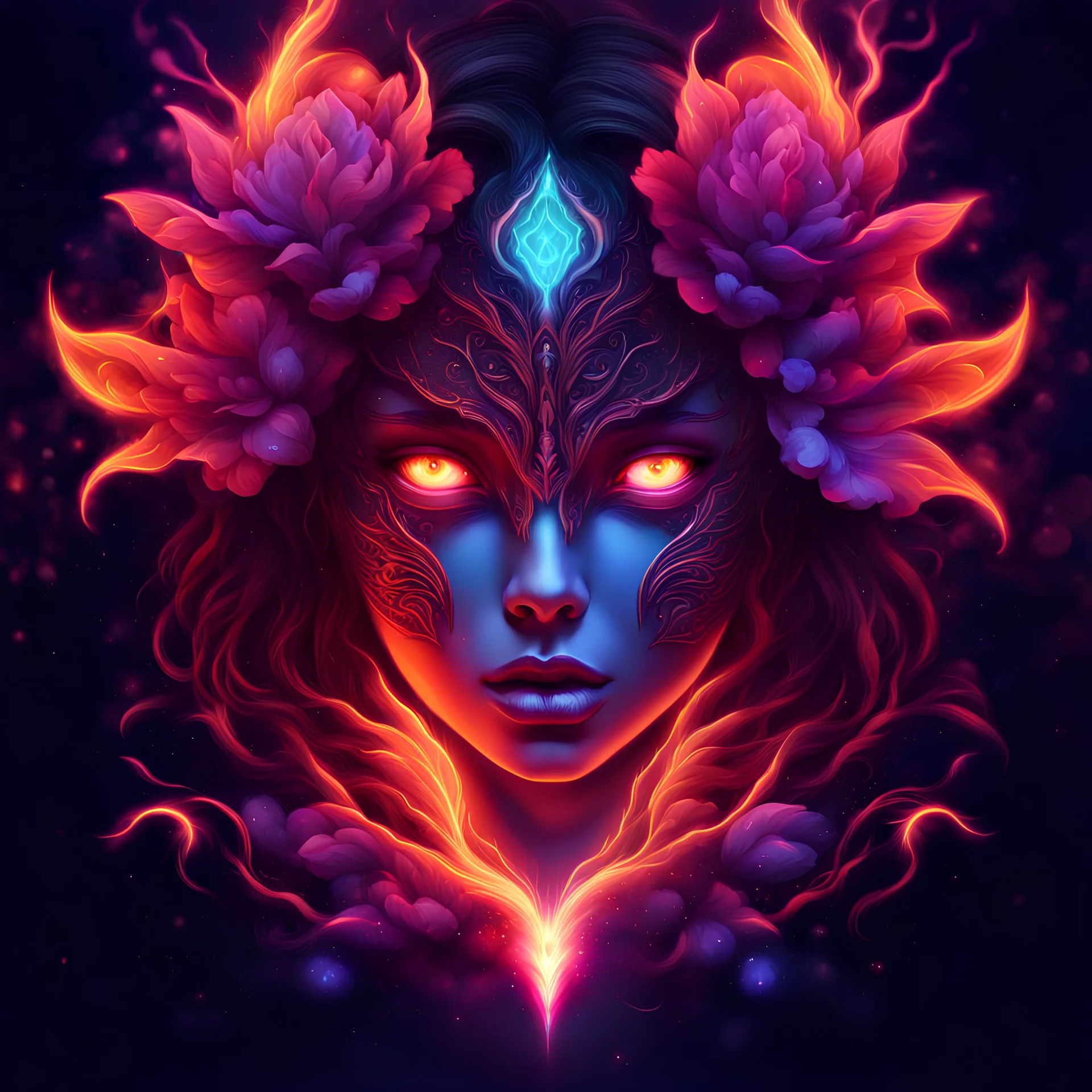 neon, abstract, amazing shadow and lightning, 4k, cinematic, glowing eyes, cosmic, face, dream, space, stars, amazing, art, glowing, fire, fantasy, crazy, ultimate, club, insane, digital painting, watercolor, flowers, flower background, pagan, runes