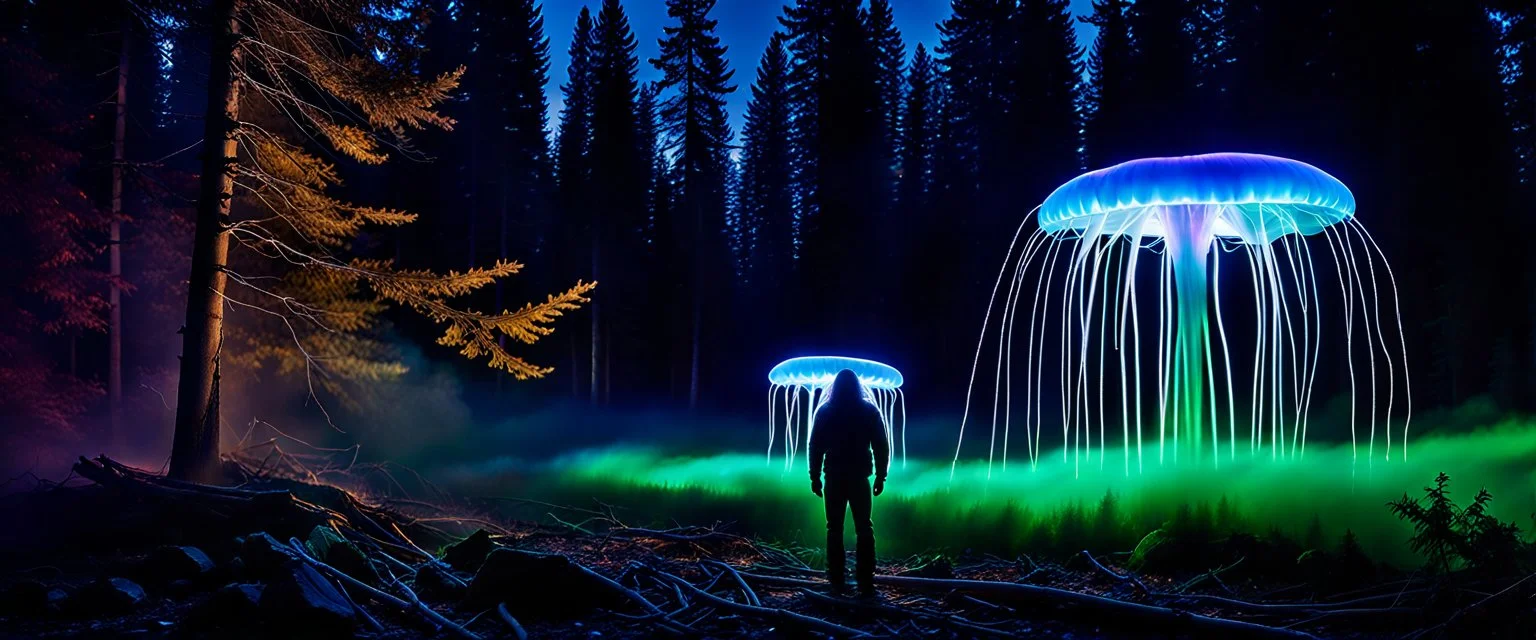 Bigfoot epidemiologist investigating, closeup, giant bio luminous Rainbow floating high JellyFish, light floating in a forest, mist, light trails, nighttime, long exposure, Treeline, Alberta, scientist, Dystopian, Hyper detailed, Realistic, Extreme depth of field, bokeh blur, Alberta all-natural, National Geographic, in the style of candid, imperfection, natural lighting, cinematic, Fuji Film, Anamorphic lens, 2040s, --ar 4:5 --w 150 --style ra