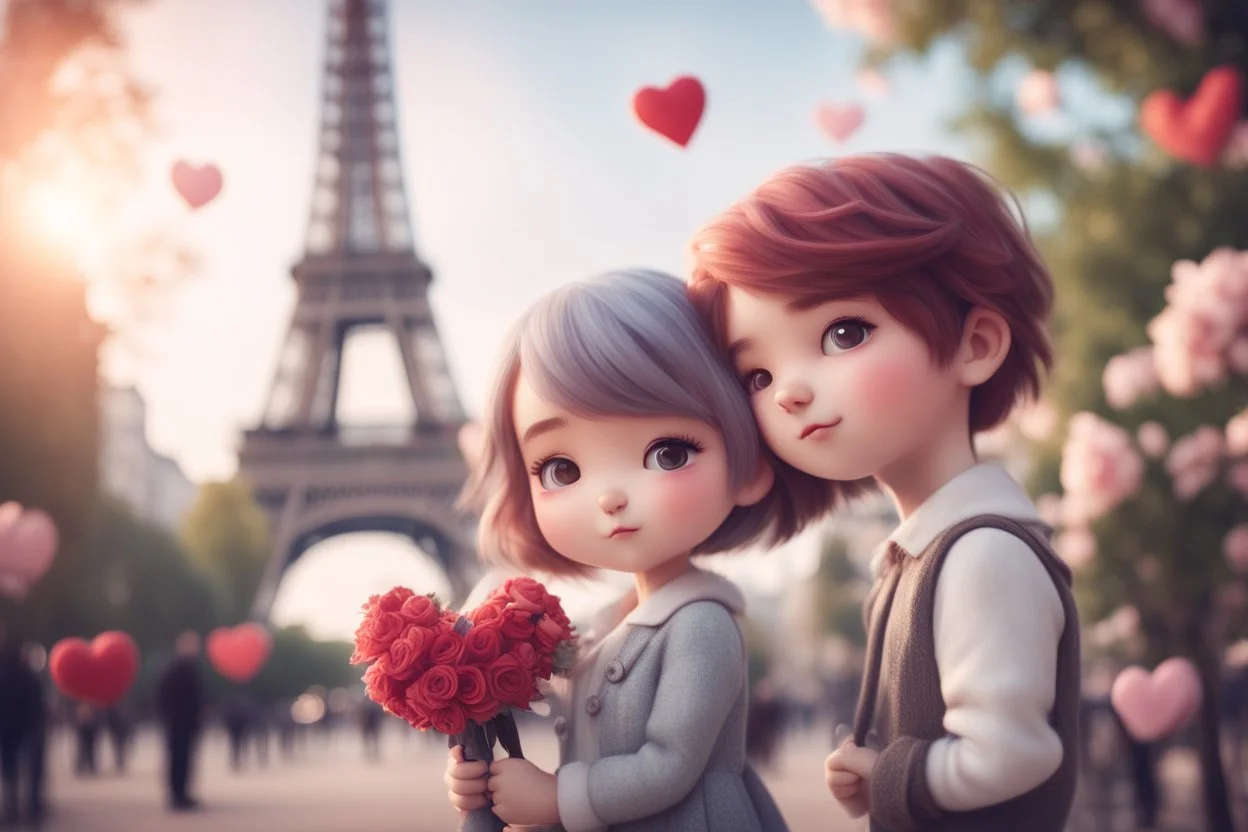 cute chibi mahogany haired girl with a short, silver haired boy, Eiffel tower, heart and love, flowers in Paris, ethereal, cinematic postprocessing, bokeh, dof