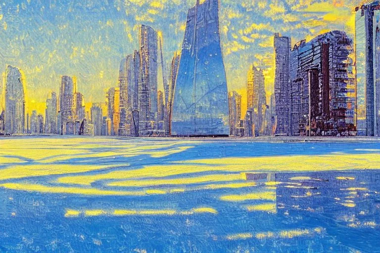 Sunny Day, futuristic buildings near the tree and frozen lake zone, sci-fi, impressionism painting