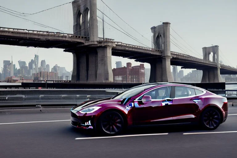 A Tesla 'Model S' is parked, on the 'FDR Drive', eastern Manhattan. (CINEMATIC, WIDE ANGLE LENS, PHOTO REAL)