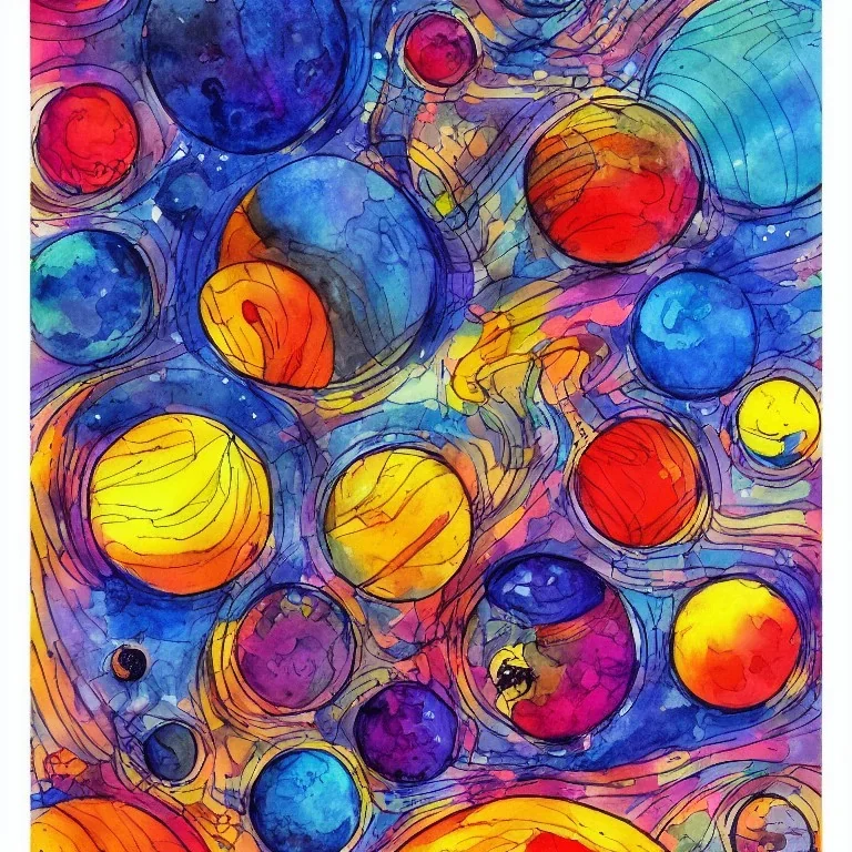 colorful planets. ink, poster, acrylic