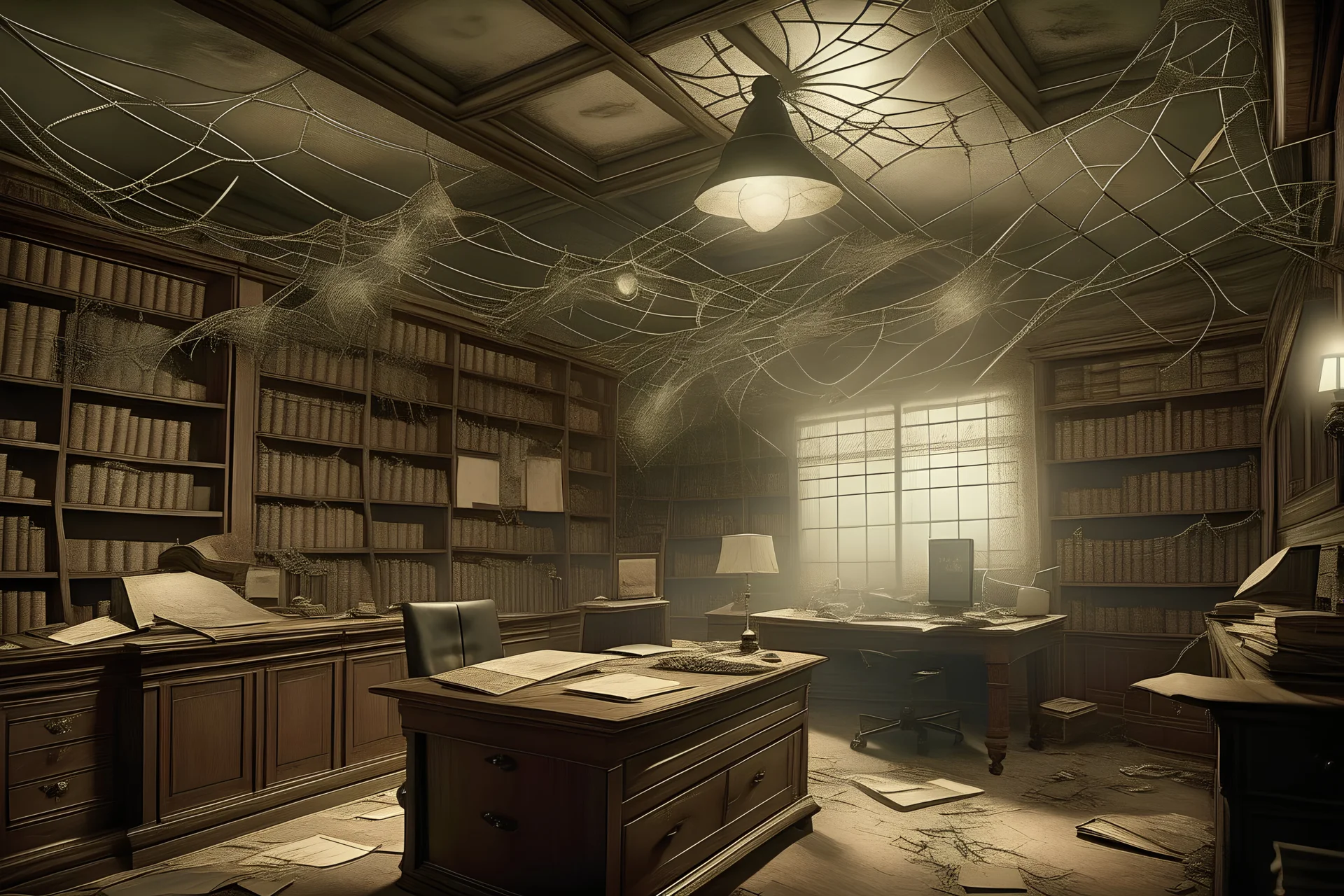A very old photo of an office with old lighting on the ceiling and spider webs on the walls in a terrifying scene with books flying around it, size 1920 x 720.