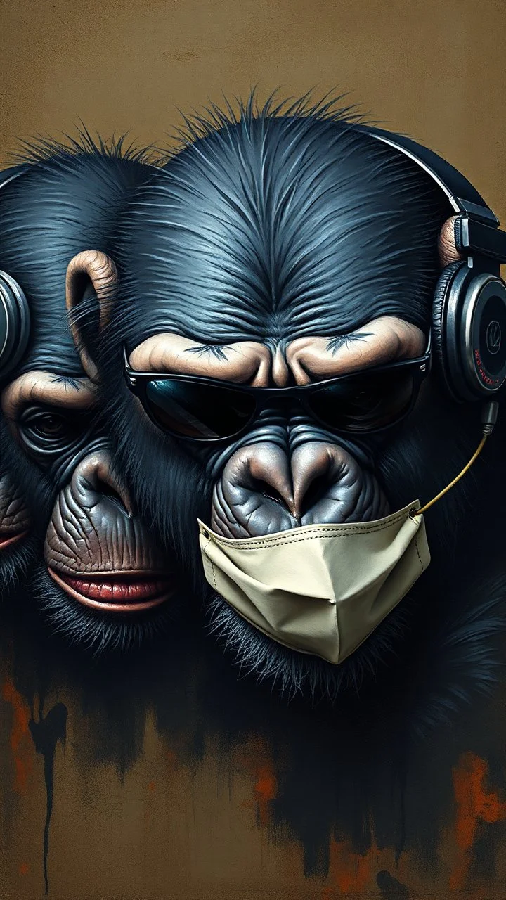Bosch painting style nightmare, three chimpanzees first one with sunglasses, second with headphones, third with mouth mask.