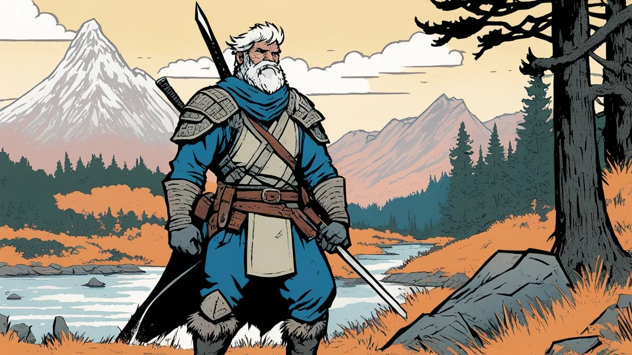 [illustration by Andrew MacLean in the comics Head Lopper style with Kupka's pixel colour palette] a seasoned ranger approaching 50th year. his hands are gnarled from years of gripping bow and sword, his weathered face etched with the wisdom and scars of countless skirmishes in the wilds. Despite his advanced age, your movements remain swift and purposeful, years of survival ensuring that his body remains battle-ready.
