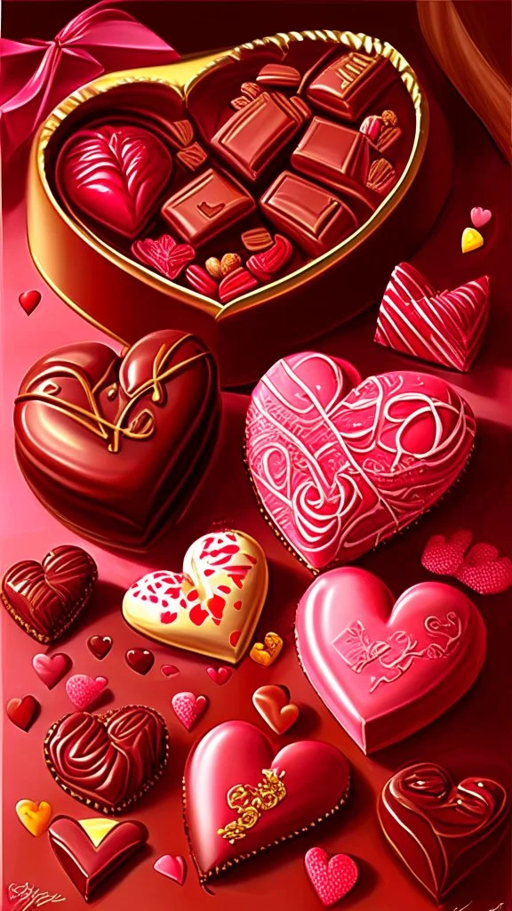 Valentines day treats, chocolate, art, drawing, very realistic, detailed, vibrant colors.