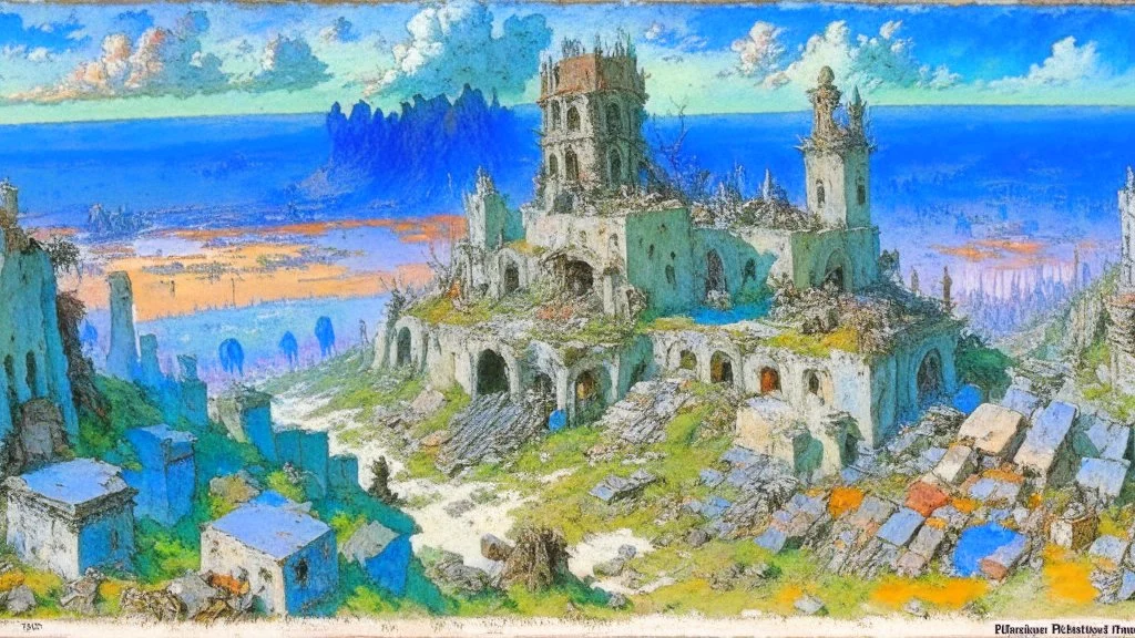 Destroyed City, medieval ruins, debris, stone, breched, brocken, Perspektiv from the sky, by Jean-Baptiste Monge, Ivan Bilibin, Albert Bierstadt, Reza Badrossama, watercolor, intricate details, fantasy, beautiful, oil on canvas, award winning, imperial colours, fantastic view, radient colours, very attractive, crisp quality