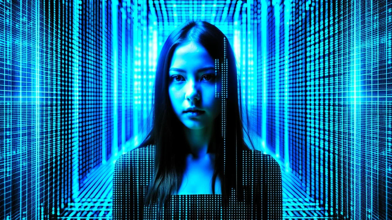 Tech-girl inside a digital blue matrix-grid.