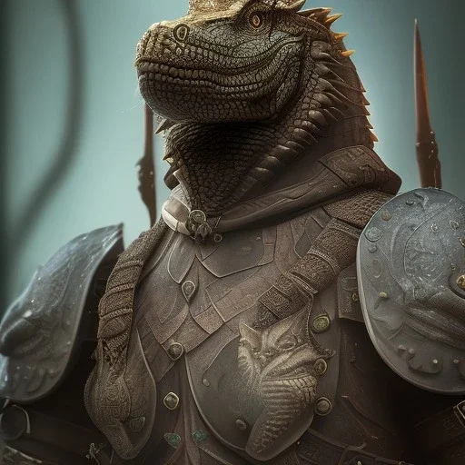 photograph of a warrior with crocodile themed armour. extremely detailed. dslr. 85 mm.perfect position, unreal engine