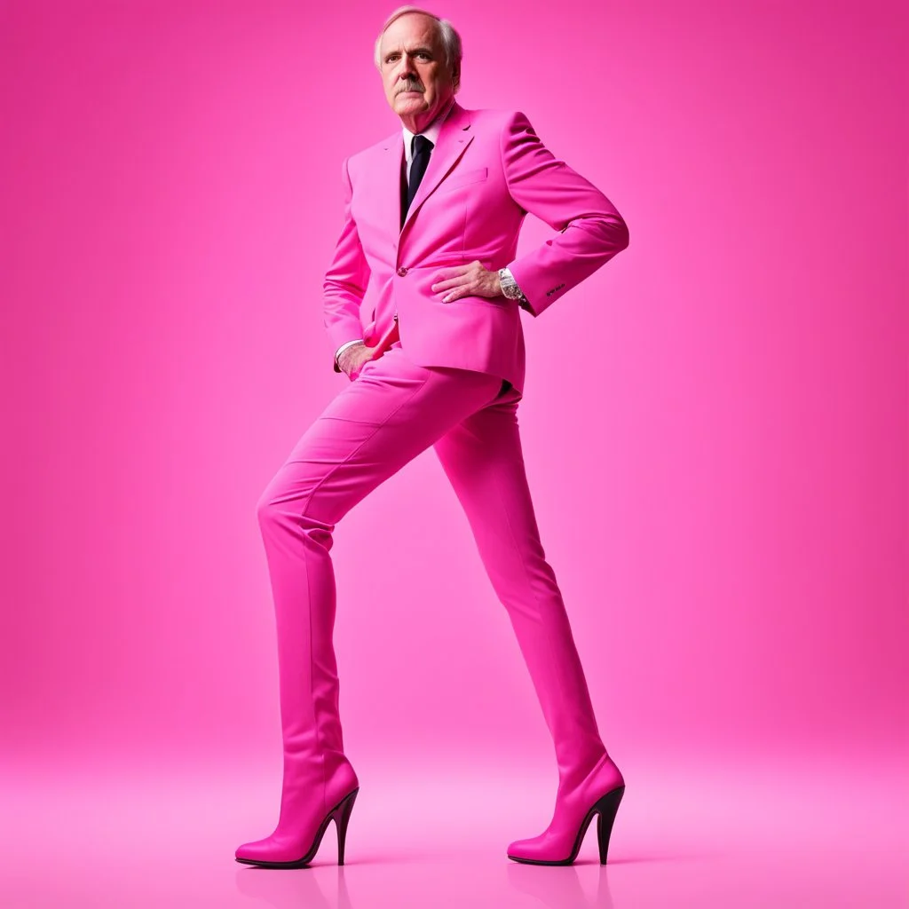 [Ultra Fractal art] John Cleese in a pink battlesuit pink gloves and pink high heel boots. The Ministry of Silly Walks.