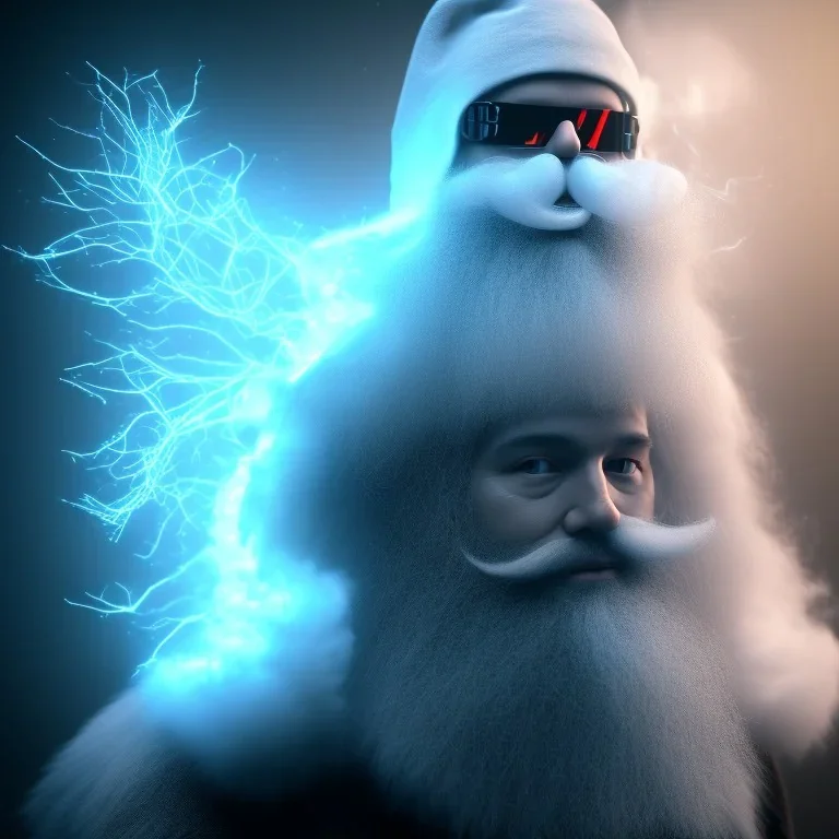 All Black Santa, ghost, wearing high tech mask, white smoke, dark, rage, high definition, ultra 8 k, volumetric lighting, blue fire, fog red rain