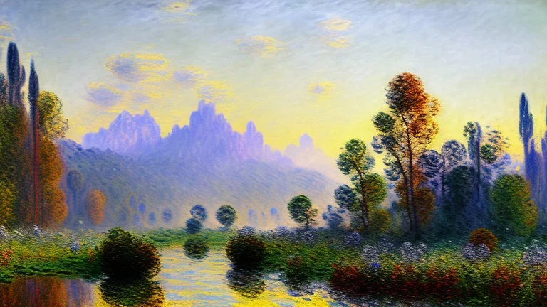 Sunny day, Distant mountains, rocky stream, claude monet impressionism painting