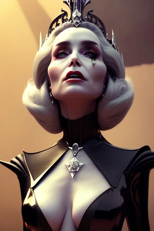 Constance Langdon as evil queen in black leather, leather, busty, cleavage, angry, stern look. character design by cory loftis, fenghua zhong, ryohei hase, ismail inceoglu and ruan jia. unreal engine 5, artistic lighting, highly detailed, photorealistic, fantasy