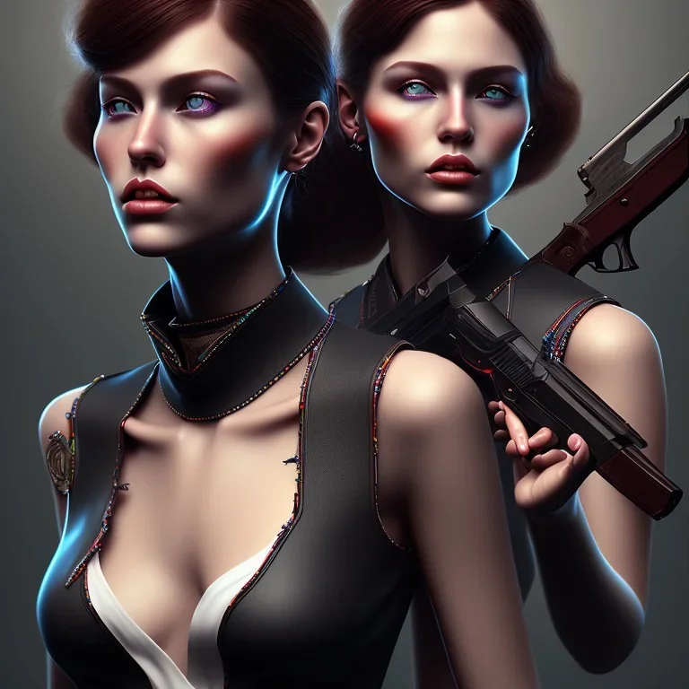 portraitfrom shoulders to head of a male and female gunslingers, badass, two guns, black fedora, dark red eyes, fanatsy, si-fi, photo realistic, ultra realistic, 8k