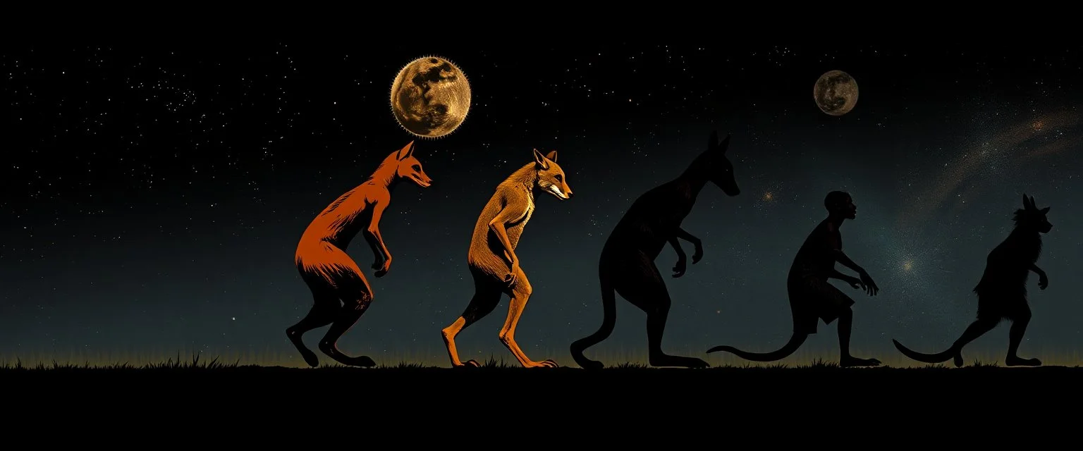 a study of evolution from foxes to kangaroos to humans, stage by stage. 5 stages, "you know its true" title