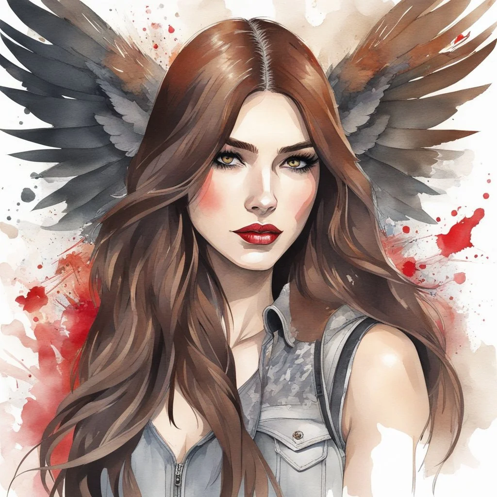 a headshot of a woman with long brown hair, red eyes, brown hawk wings on back, modern setting, bad girl vibe, intricately detailed, watercolor splash art