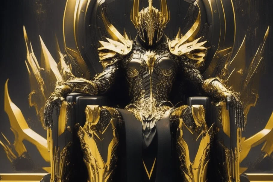 armadura dorada y negras super futurista, sentada en un trono negro con armas en el