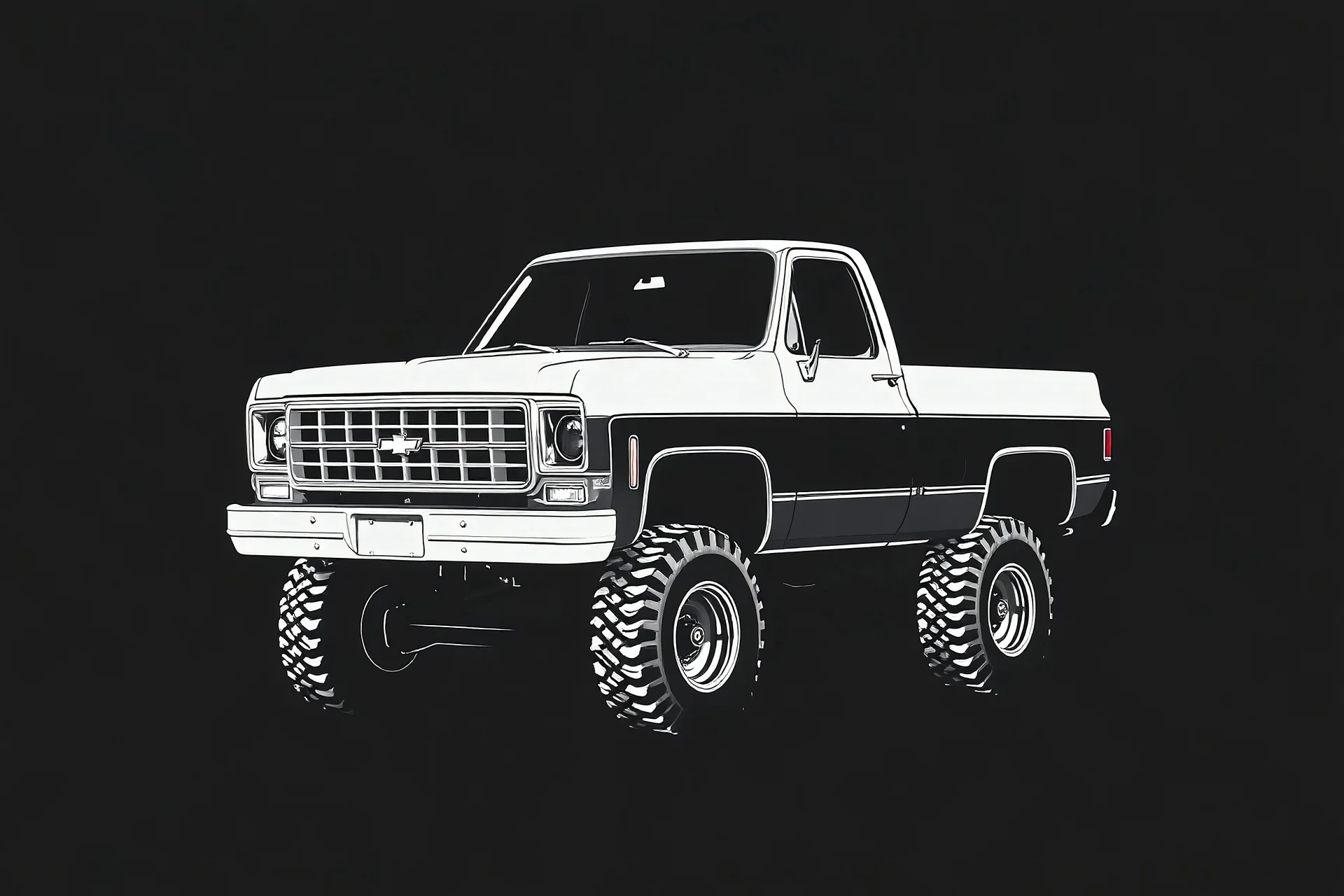1973 Chevrolet square body truck 4x4 facing a little to the left, dark gray background, high contrast black and white vector