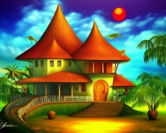 mystical house on a hot tropical island, fantasy art,