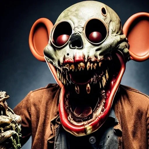 Rotting corpse zombie who is mickey mouse smiling, evil, arms forward like a mummy, fangs, sharp focus, ears, boots