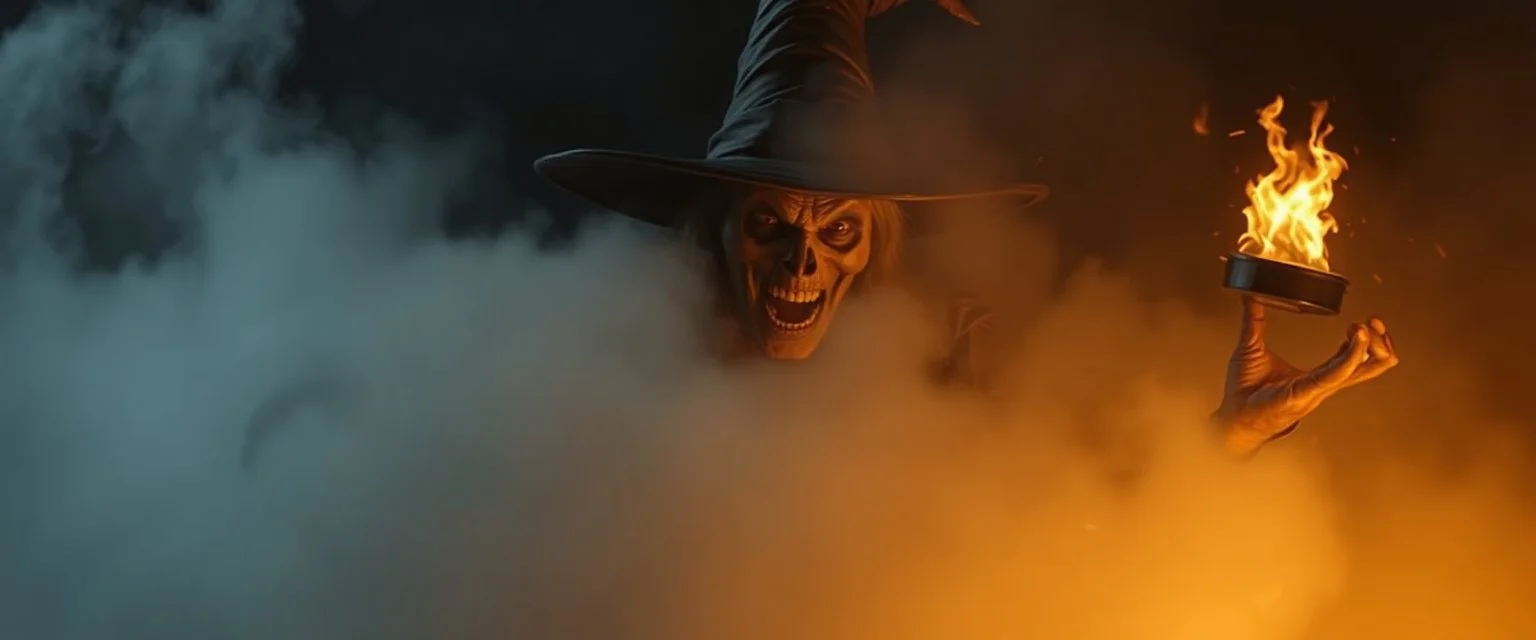 horrible witch rendered in awesome fog and light, says:"What is the password?"