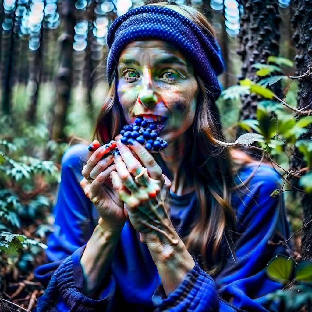 woman in the forest picking and eating blueberries and her mouth and hands are covered with blueberries, woman is stylish