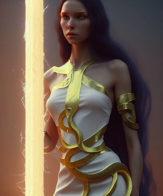 Holy Virgin, celestial light, beautiful, long fabric dress, beautiful long black hair to the waist, big snake around shoulders and neck, grabbing snake, head and shoulders portrait, 8k resolution concept art portrait by Greg Rutkowski, Unreal Engine 5 volumetric lighting