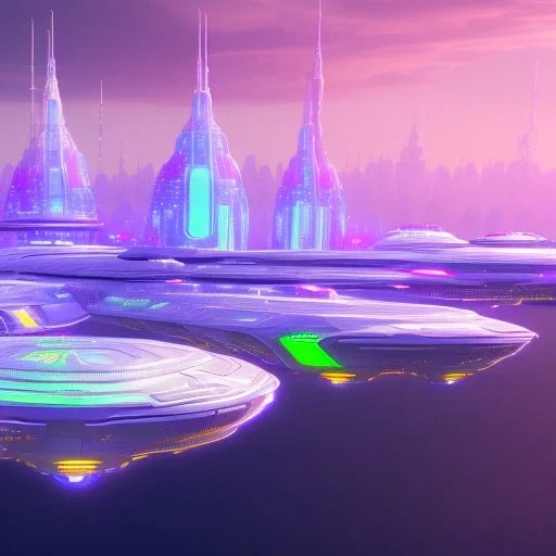 flying ship, futuristic city with astroport and transparent bridges, galactic landsacape with multicolored crystals falling from the sky, full of details, smooth, bright sunshine，soft light atmosphere, light effect，vaporwave colorful, concept art, smooth, extremely sharp detail, finely tuned detail, ultra high definition, 4 k, unreal engine 5, ultra sharp focus