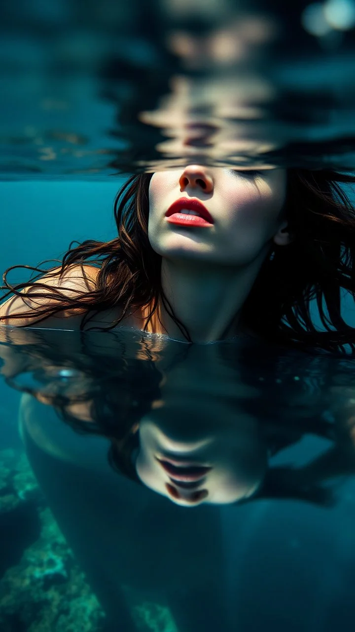 Photo by Richard Avedon.A macro-detailed portrait photograph.An incredibly beautiful nymph, a woman.Portrait on the water surface, through which the seabed shines through. Inspired by the works of Magdalena Oleksy and Jakub Rozalski.