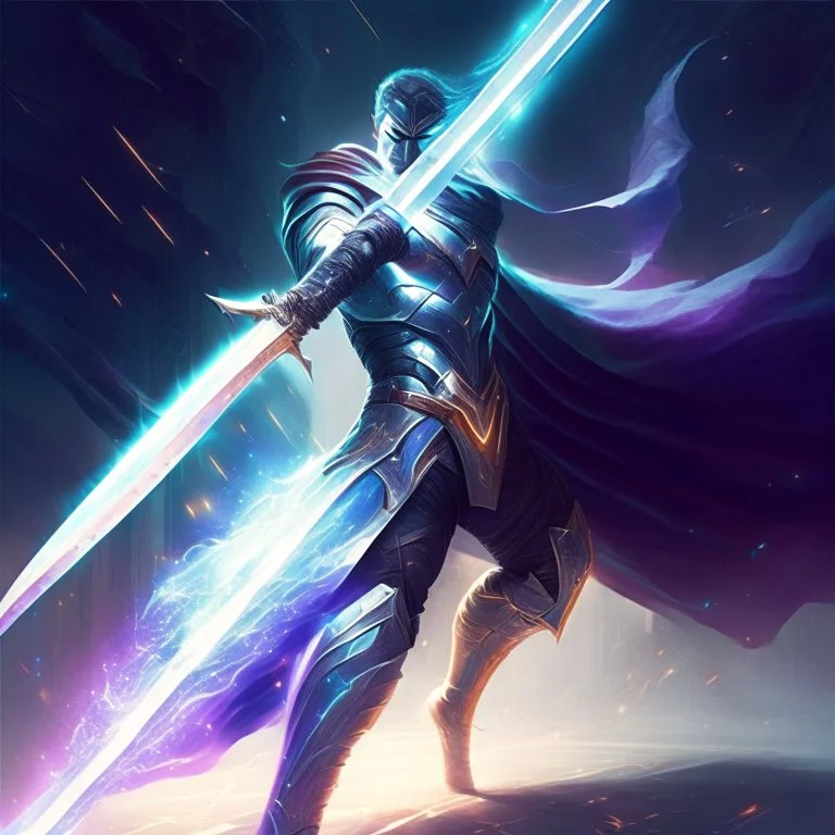 A legendary and wonderful long sword with in hand,A superhero man with infinite power and technology from the galactic race