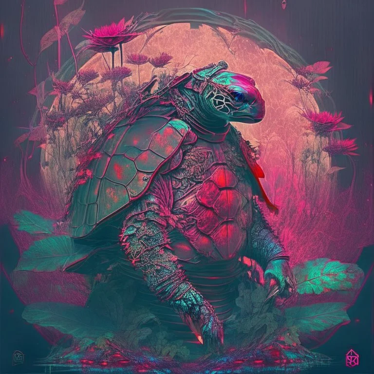 turtle samurai, iridescent, blood, futuristic, guts, wildflower, cosmic, intricate, darkred tones,sidhe, ominous, nature, plants,