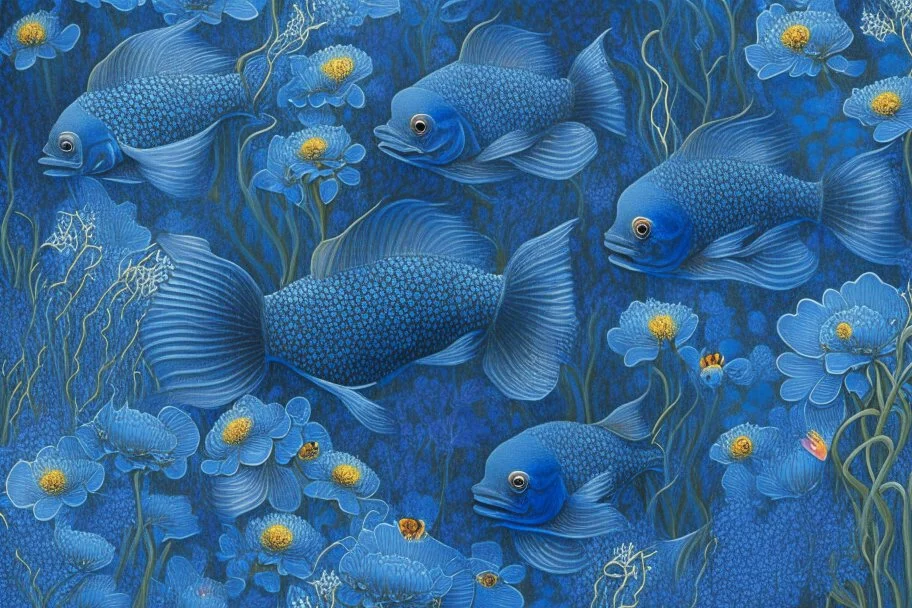 fish swimming in a garden of blue flowers, dark blue, detailed photo