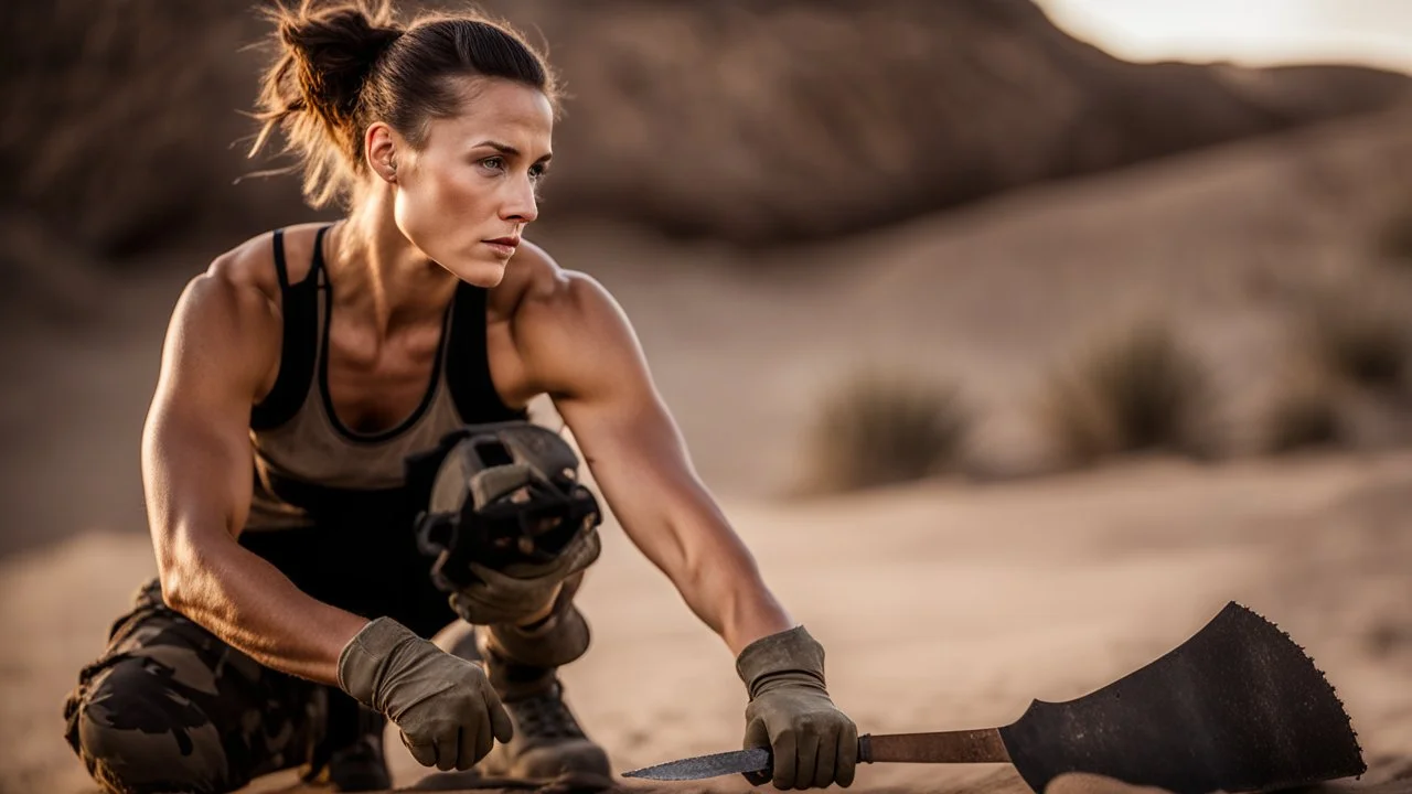 beautiful caucasian female technician, black tank top, well toned muscles, weathered face, scratched sand camo metal details, short brunette wavy bob haircut, dystopian, desert scene, pulling a knife