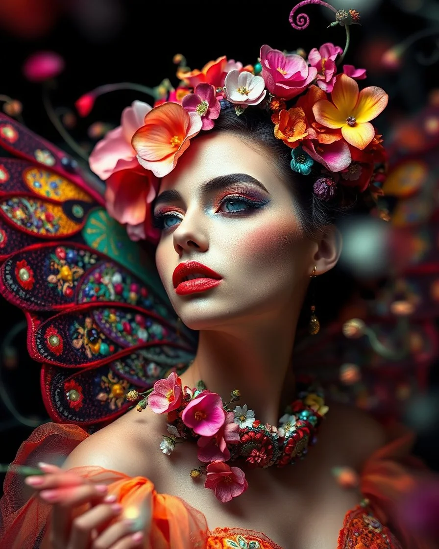 Gorgeous Luxurious Realistic Photography Camera Lens soft blur Pretty European Supermodel as Beautiful Butterfly Lady, a stunning beautiful woman adorned in vibrant carnival attire, ethereal beauty, black background, with swirling colors and fantastical tiny flowers, enchantment and grace, twisted vines, whimsical, surreal landscapes, emotive style, dreamlike quality, and magical realism, carnival red, ethereal pink, whimsical blue, vibrant green, celestial purple, golden amber, and shimmering