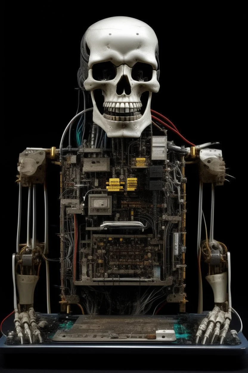 A creature half human half machine with electronic chips , front view