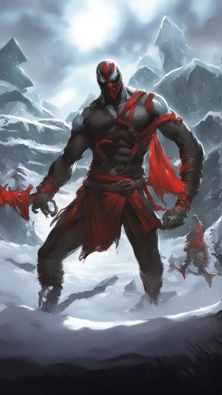 A close picture of Venom symbiote with kratos red tattoos and Clothes, holding blade of choice