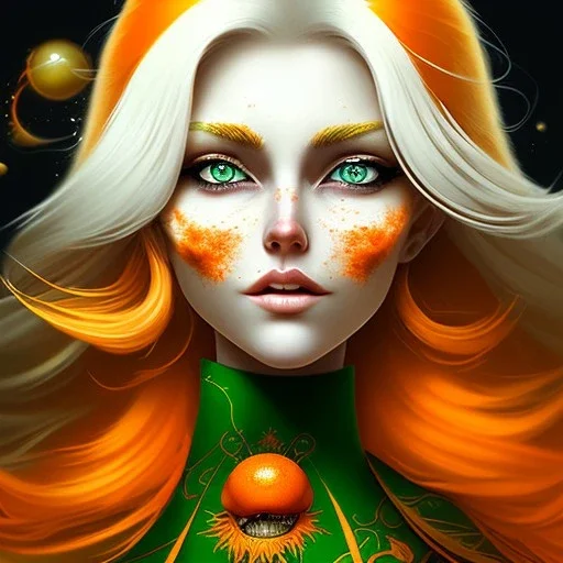 fantasy setting, woman, orange and white hair, wavy hair, freckles, ranger, more orange hair, more white hair, green eyes, more white hair, less orange hair, less orange hair