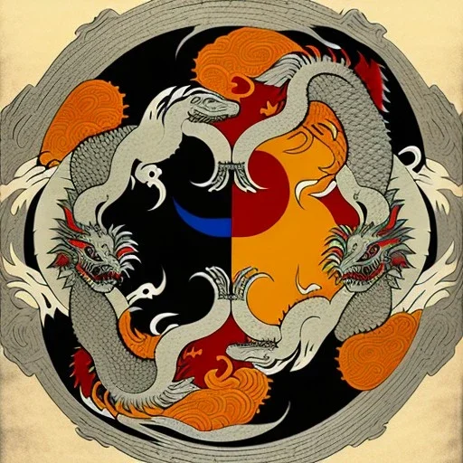 Ukiyo-e styled art, yin and yang sign,dragons