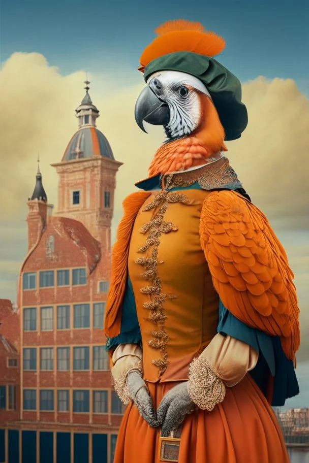 Female Half parrot half human in a old 1700s orange Dutch uniform in front of a Dutch city