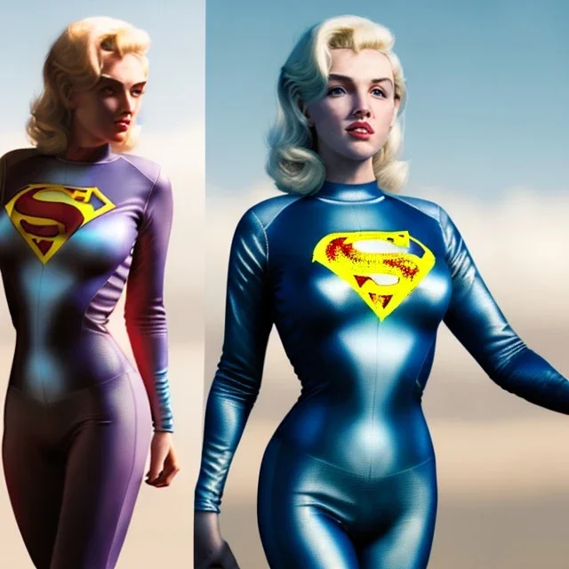 Realistic image classic superhero portrait, waist up view, blonde woman, sweet Marylin Monroe face, perfect iris, glow eyes. tight lycra tights suit, epic style, vibrant color, highly detailed, unreal engine 5, ray tracing, RTX, lumen lighting, ultra detail, volumetric lighting, 3d, finely drawn, high definition, high resolution.