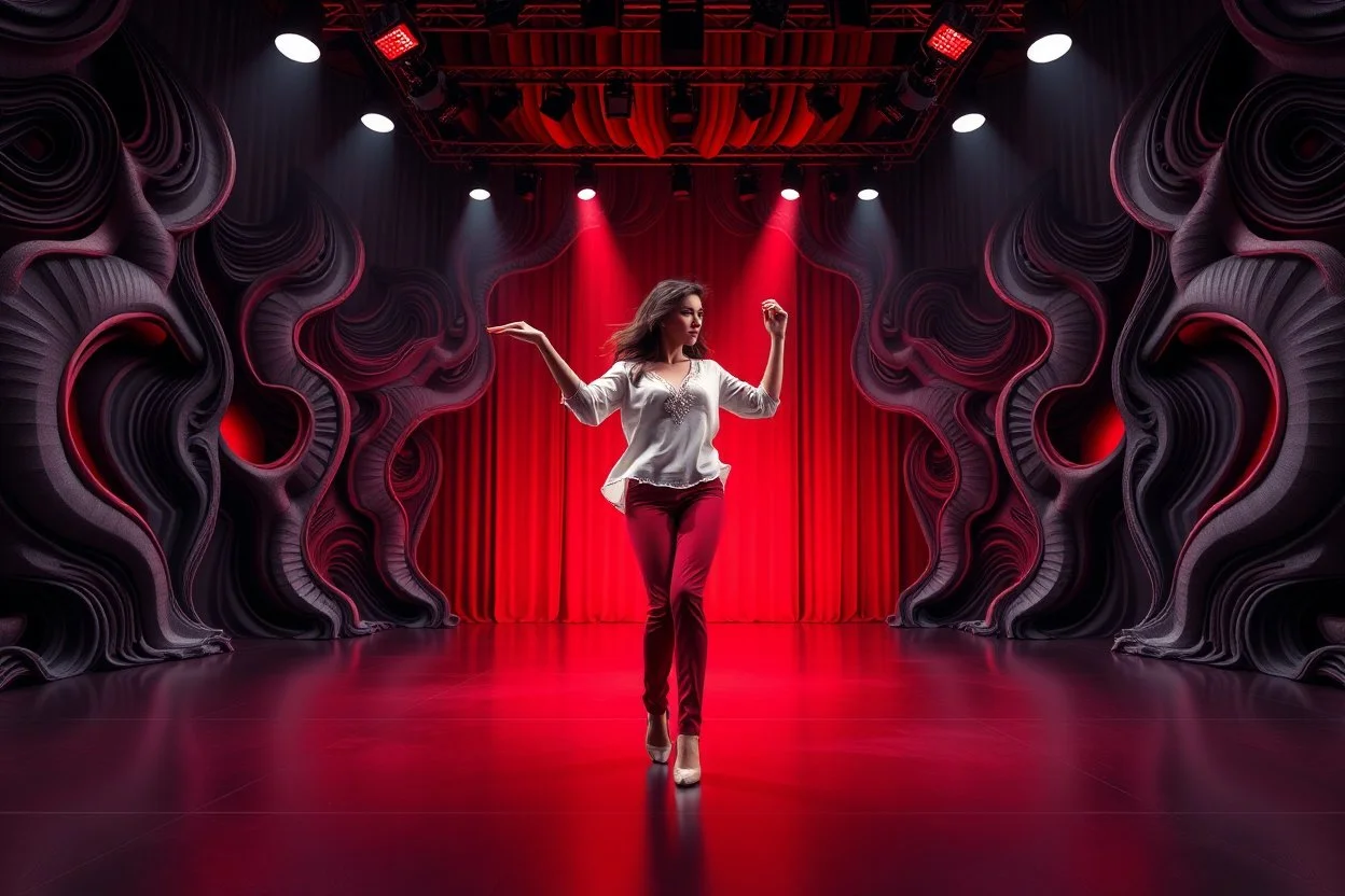 modern stage with gray-dark red theme artistic decoration , color full dynamic lighting, a beautiful lady in pants and blouse with shining silver jewels dancing, 3D recursive fractal structure animating background