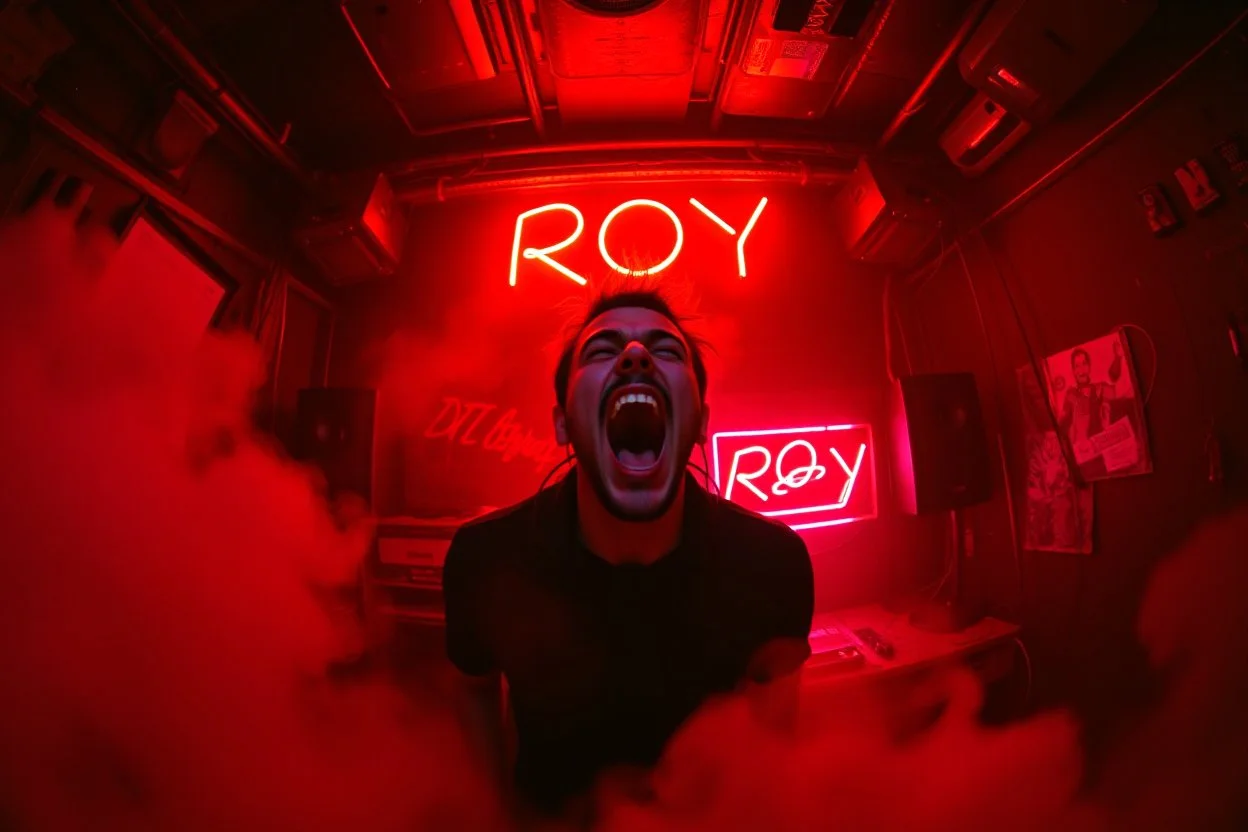 nedsliten sunkig techno club, mycket scen rök i lokalen, och gula röda strobes, en Neon Skylt med texten "DJ ROY" på väggen, DJ Roy skriker rätt in i kameran, öppen mun och headbangar, euforisk