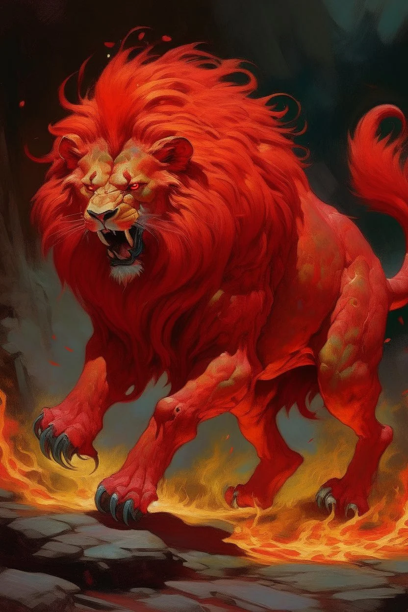 A red fire elemental lion painted by Francis Danby