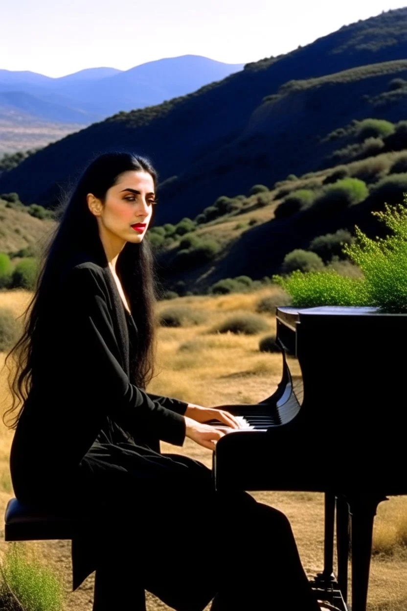 Diamanda Galas playing piano on a hillside